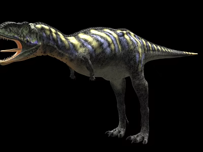 Realistic Reptile Dinosaur With Open Mouth And Yellow Black Stripes Standing On Black Background 3d model