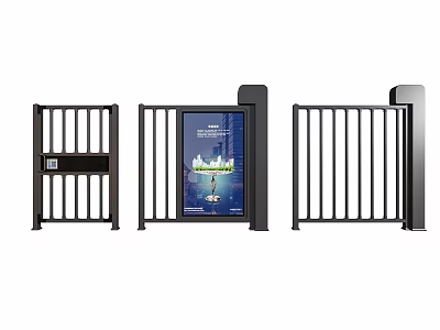 Modern Black Entry Gates With Digital Display And City Building Image Design 3d model