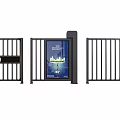 Modern Black Entry Gates With Digital Display And City Building Image Design