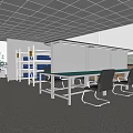 Modern Office Workspace With Desks Computers Chairs Blueprints Windows And Lighting 3d model