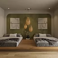 Minimalist Bedroom Interior With Green Wall Wooden Wardrobe TV Plant And Decorative Vase