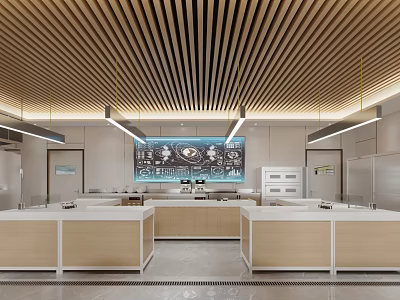 School Dining Hall With Modern Ceiling And Counters 3d model