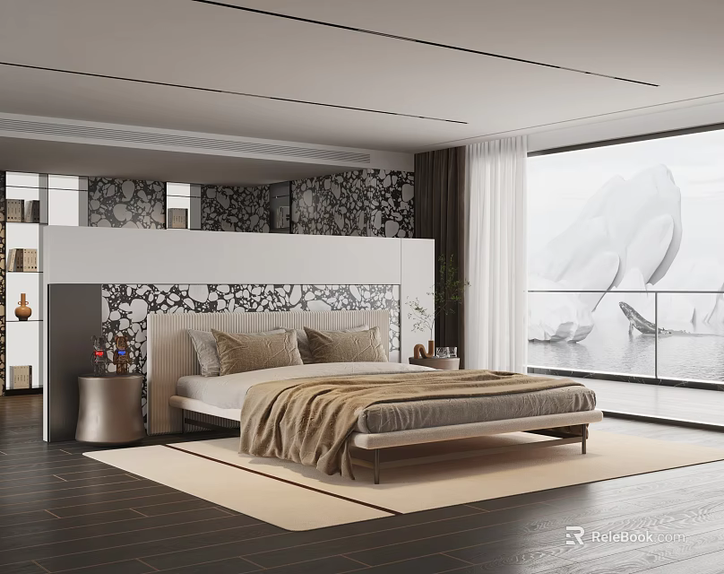 Modern Bedroom Interior With Stylish Headboard Large Window Wooden Floor And Soft Decorative Rug 3d model 