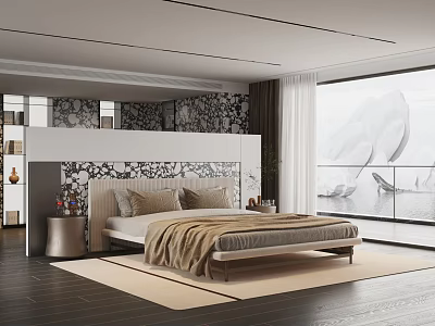 Modern Bedroom Interior With Stylish Headboard Large Window Wooden Floor And Soft Decorative Rug 3d model