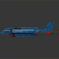 Futuristic Blue And Yellow Spaceship Model With Streamlined Wings And Red Engines