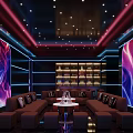Modern Home Theater Interior With Curved Sofa Multiple Screens And Ceiling Lights