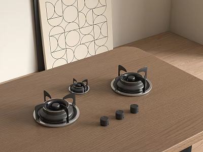 Cat Ear Shaped Gas Burners On Wooden Countertop With Black Knobs And Geometric Art 3d model