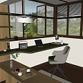 Modern Home Office Interior With Large Windows Writing Desk Green Plant And Natural Light