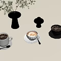 Coffee Cups With Latte Art And Decorative Vases On Beige Table Surface