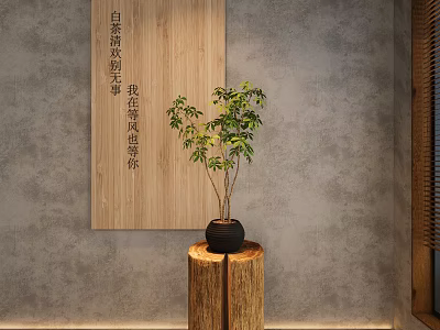Natural Style Bonsai Potted Plant With Wooden Log Stand And Green Leaves Against Gray Wall 3d model