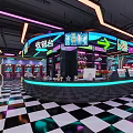 Modern Indoor Playground With Neon Lights Game Machines Vending Machines And Checkered Floor