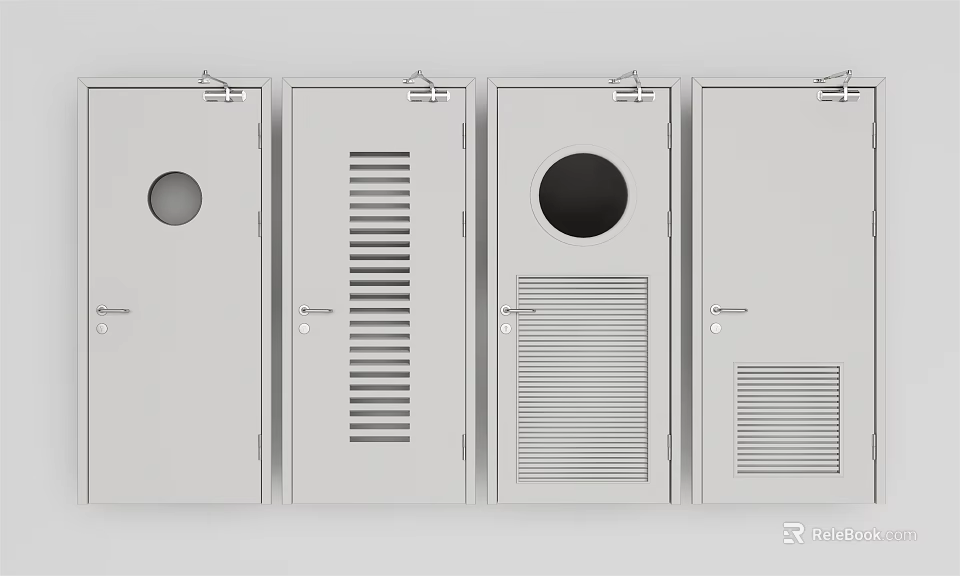 White Interior Doors With Various Designs Including Circular Windows And Vents 3d model 