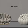 Poliform Shell Shaped Armchairs With Light Beige Fabric And Golden Base 3d model