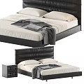 Modern Double Bed With Black Leather Headboard And Nightstand With Round Cutouts