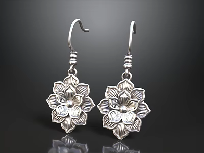 Silver Lotus Flower Earrings With Intricate Petal Design And Shiny Finish 3d model