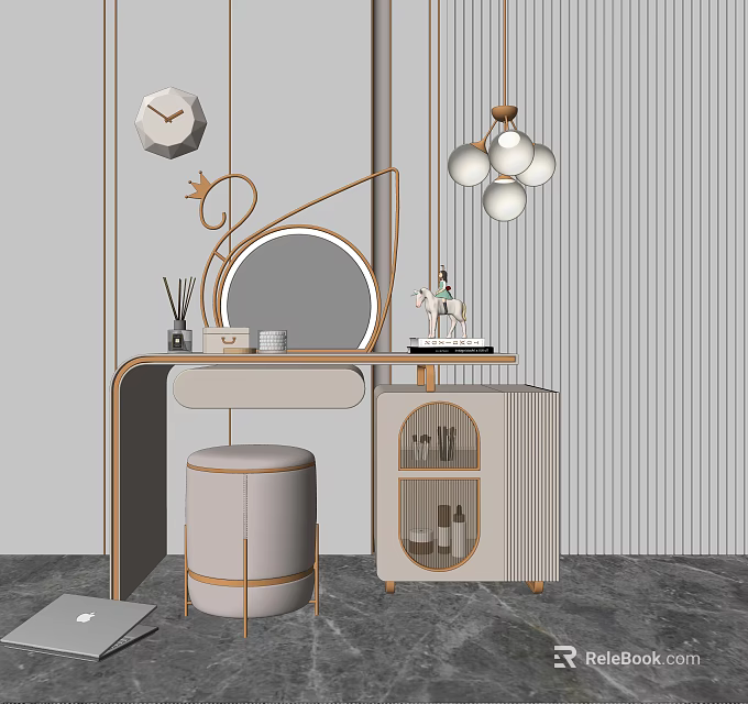 Elegant Modern Dressing Table with Round Mirror Stool and Pendant Light Decorative Items 3d model