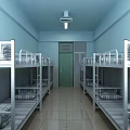 Dormitory Interior With Bunk Beds Blue Walls Green Door And Corridor Layout 3d model