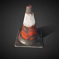 3D Rendered Old Worn Red And White Traffic Cone With Square Base On Dark Background