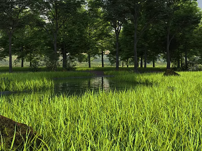 Scenic Natural Landscape With Lush Green Grass Trees And Calm Pond Water 3d model
