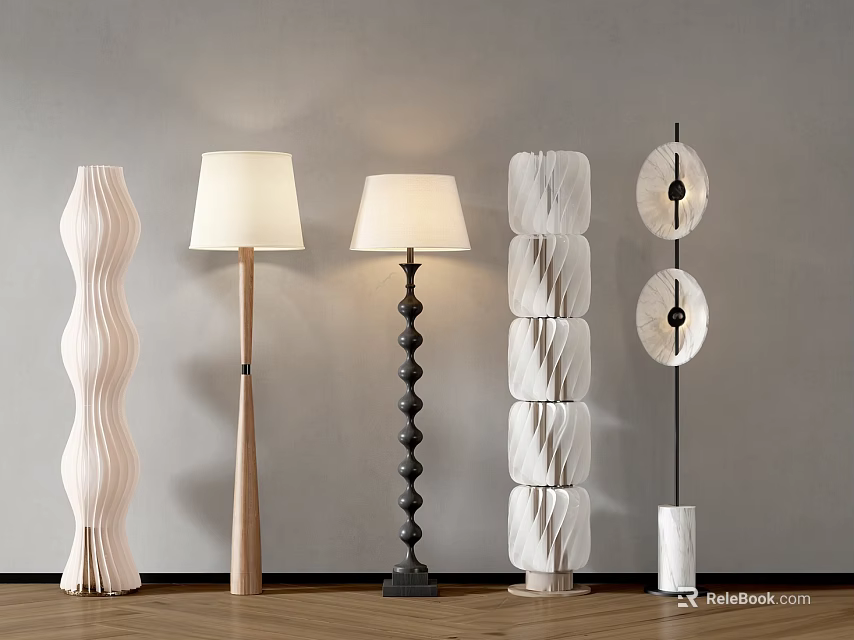 Floor Lamps Featuring Various Designs Curved Wooden Stacked And Circular Shades 3d model 
