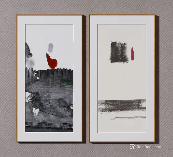 Modern Abstract Paintings In White Frames On Gray Wall With Red Black Elements 3d model