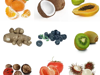 Fresh Ripe Fruits With Cut Orange Coconut Papaya Blueberries Kiwi And Rambutan 3d model
