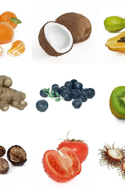 Fresh Ripe Fruits With Cut Orange Coconut Papaya Blueberries Kiwi And Rambutan 3d model