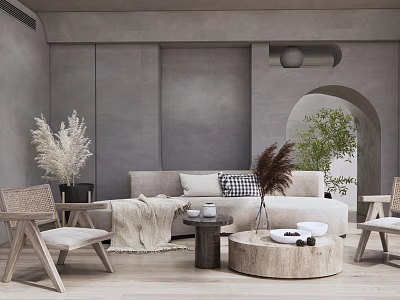 Modern Sofa And Coffee Table Set With Gray Walls Wooden Chairs Throw Pillows And Plants 3d model
