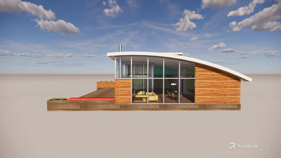 Modern Single Family House With Wooden Exterior Large Windows And Curved Roof 3d model 