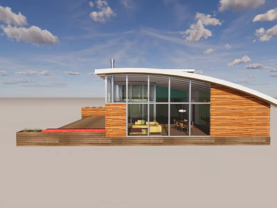 Modern Single Family House With Wooden Exterior Large Windows And Curved Roof 3d model