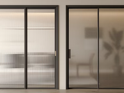Modern Patterned Glass Swing Doors With Black Frames In Living Interior 3d model