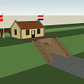 Ancient Historical Building With Yellow House Red Roof Brick Steps Archway And Flags