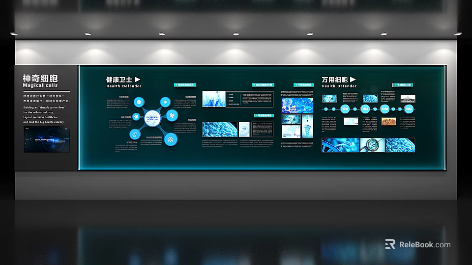 Modern Display Wall With Various Charts Images And Information Content 3d model
