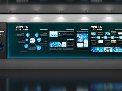 Modern Display Wall With Various Charts Images And Information Content 3d model