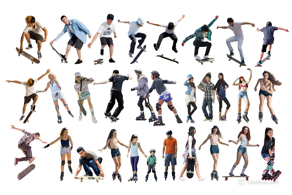Group of People Practicing Skateboarding and Roller Skating with Various Dynamic Poses 3d model 