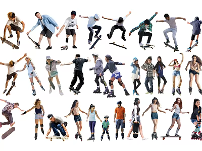 Group of People Practicing Skateboarding and Roller Skating with Various Dynamic Poses 3d model