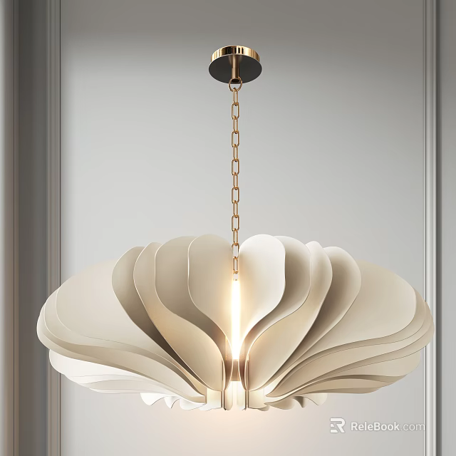 Modern Elegant Chandelier With Petal Shaped Light Colored Shade And Metal Chain Hanging From Ceiling 3d model 