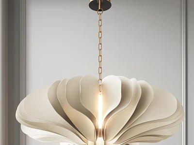 Modern Elegant Chandelier With Petal Shaped Light Colored Shade And Metal Chain Hanging From Ceiling 3d model