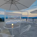 Modern Café Exterior Design With Outdoor Seating Area Lawn Umbrellas Glass Walls and Upper Deck