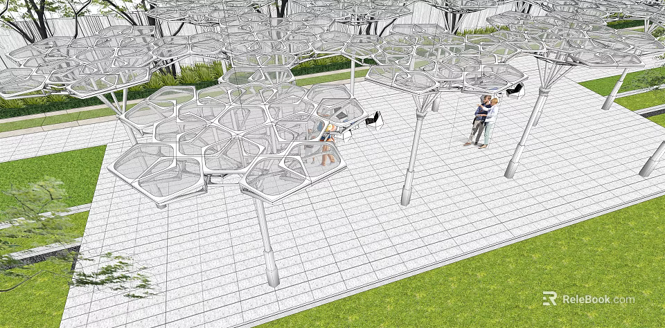 Hexagonal Pergola Open Structure With Paved Ground And People Enjoying Green Grass 3d model 