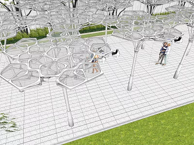 Hexagonal Pergola Open Structure With Paved Ground And People Enjoying Green Grass 3d model