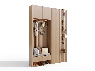 Modern Minimalist Wooden Shoe Cabinet With Coat Hanger Seating Bench And Shoe Storage Design 3d model