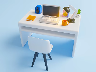 Essential Living Supplies On Modern Desk With Laptop Speaker Lamp Plant Mug And Chair 3d model