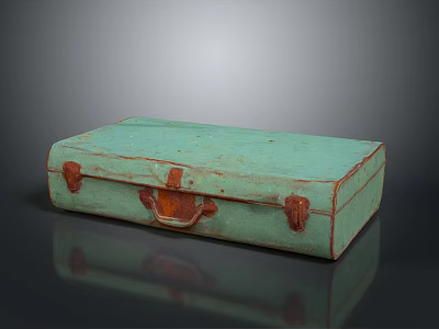 Light Green Vintage Suitcase With Red Metal Clasps And Worn Handle Texture 3d model