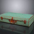 Light Green Vintage Suitcase With Red Metal Clasps And Worn Handle Texture