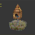 Wooden Birdhouse With Small Bird Perched On Grass Base And Yellow Leaves