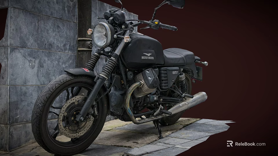 Vintage Black Motorcycle With Headlight Exhaust Pipe Parked On Stone Pavement Near Gray Wall 3d model 