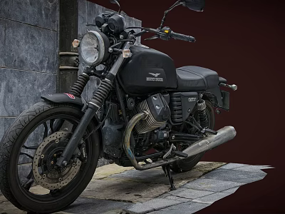 Vintage Black Motorcycle With Headlight Exhaust Pipe Parked On Stone Pavement Near Gray Wall 3d model