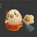 Cartoon Chicken Character In Red Apron With Fried Egg And Blue Spatula