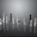 Transparent And White Architectural Models With Various Shapes On Black Reflective Surface And Grey Background 3d model